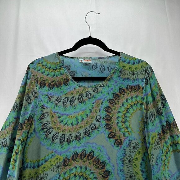Tianello Blouse Womens M Boho Tunic Silk Printed Kimono Sleeve Asymmetric Green - Picture 3 of 11